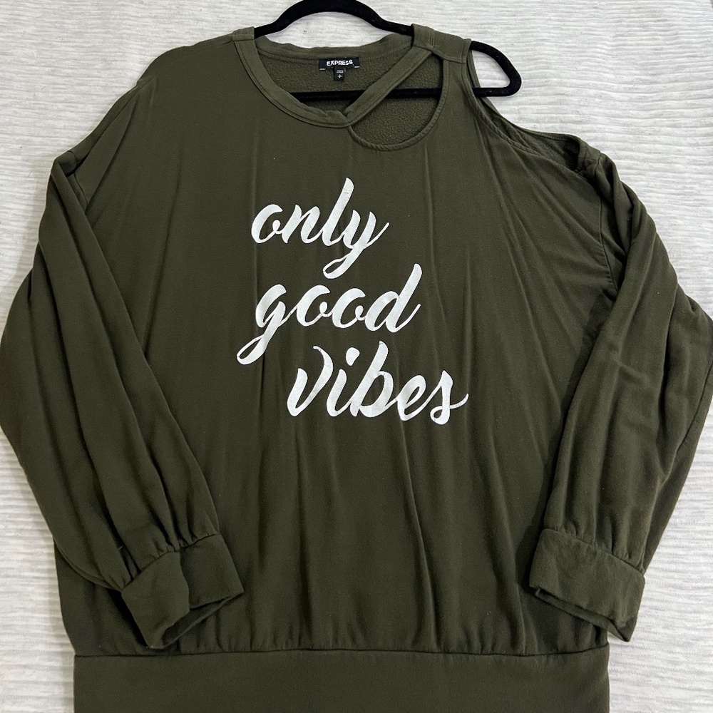 "Only Good Vibes" Olive Sweatshirt with Shoulder Cut Outs.